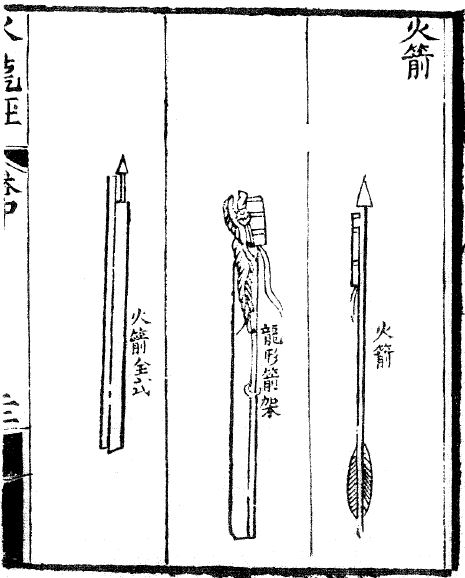 Oldest depiction of rocket arrows, from the Huolongjin